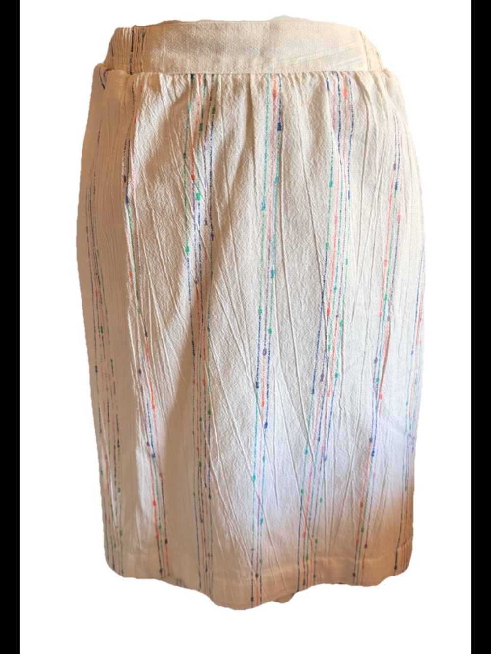 Vtg 80s Cream Textured Pencil Skirt rainbow  Stripes costal cottagecore Sz 10